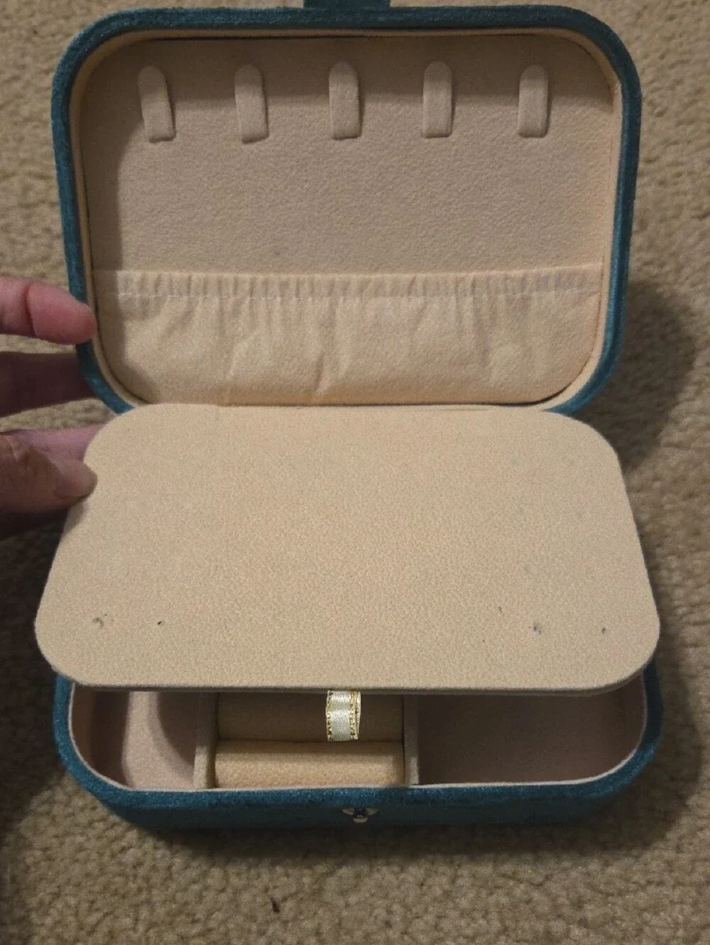 Teal Compact Jewelry Box with Ring Roll and Mirror